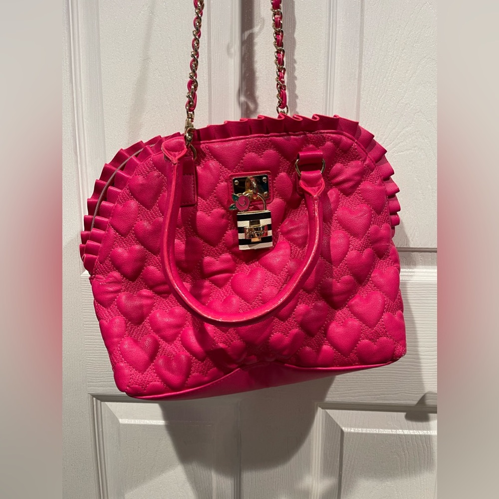 Betsey Johnson Hot Pink Puffed Heart Ruffled Trim Satchel Bag